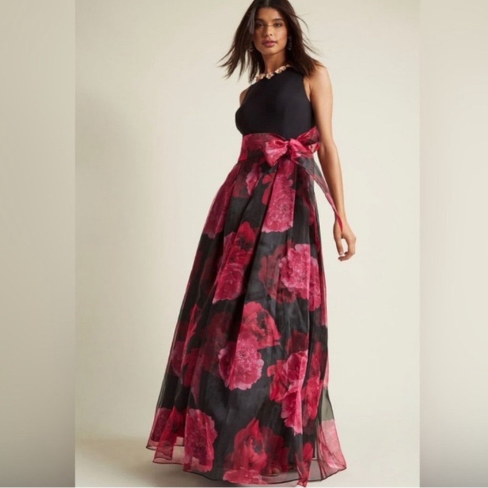 Eliza J Floral Organza Dark Floral Open Back Gown 6